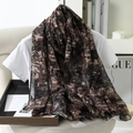 Abstract geometric printed long voile scarf in earth tones draped over a white t-shirt - Brown-Coffee Abstract Architectural Pattern (Style 5)