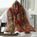 Close-up of abstract oil painting print on lightweight scarf styled with home decor - Red & Green Multicolor Oil Painting Collage (Style 6)