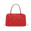 Detail of red quilted faux leather handbag with gold chain strap and stitching - Red