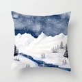 Quadratischer Kissenbezug mit Aquarell-Winterberglandschaft und Sternenhimmel-Design - Blau-Weißer Winterberg-Stil (TPR081-11)