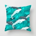 Teal cushion cover with dolphin and sea wave print made of soft peach skin fabric - Teal Dolphin Wave (TPR030-1) / 45x45CM (No Core)