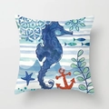 Marine pillow cover with seahorse and anchor print on blue and white striped background - Watercolor Seahorse Stripes (TPR030-15) / 45x45CM (No Core)
