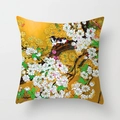 Square cushion cover with golden floral bird print in traditional oriental art style - 45x45CM (No Core) / Golden Yellow Flower Bird Cherry (TPR044-22)