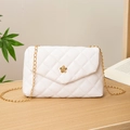 Elegant white quilted crossbody bag with gold camellia lock and chain strap for women - White