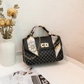 Mini black PU leather chain crossbody bag with gray geometric patterns and silk scarf handle - Black