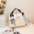 Mini PU leather crossbody bag in yellow and white with printed pattern and scarf handle - White