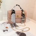 Pinkish brown PU crossbody bag with vintage floral print and silk scarf handle wrap - Pink
