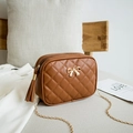 Brown quilted crossbody bag with gold bow accessory and long tassel chain strap - Brown (Bow)