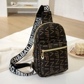 Black leather crossbody chest bag featuring brown letter patterns and a wide fabric strap - Brown