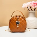 Chic tan quilted round mini bag with gold cat pendant and metal chain strap - Brown