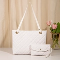 Witte gewatteerde shopper set met bijpassende clutch en elegante ruitstiksels - Wit