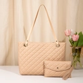 Beige gewatteerde draagtas en bijpassende clutch met klassiek ruitpatroon stiksel - Abrikoos