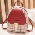 Mini backpack in red leather and check pattern featuring a gold metal buckle closure - Red