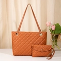 Brown quilted faux leather tote bag and matching pouch 2-piece set for women - Brown