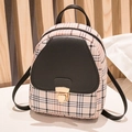 Mini fashion backpack in beige plaid and black leather with gold metal buckle - Black