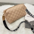 Quilted khaki camera bag with embroidered stitching and a wide jacquard strap - Khaki