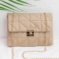 Piccola borsa quadrata trapuntata beige con tracolla a catena d'oro e chiusura - Cachi