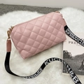 Pink quilted crossbody bag with a stylish black and white letter print wide strap - Pink