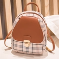 Mini backpack in light brown plaid canvas with dark brown leather flap and gold lock - Brown