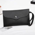 Minimalist black litchi pattern envelope clutch bag with silver snap and wristlet strap - Black