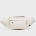 White quilted waist bag with golden zipper and adjustable nylon strap on gray background - White