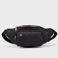 Fashionable black quilted PU leather fanny pack with golden zippers and headphone port - Black