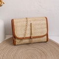 Woven straw crossbody bag in natural color with brown trim and gold tassel detail - Tassel Style / Brown