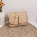 Pink woven straw crossbody bag with golden tassel and metal chain strap for women - Tassel Style / Pink