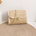 Stroh-Umhängetasche in Beige mit cremefarbenem Kunstlederbesatz und Goldkette - Basisstil / Weiß
