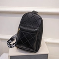 Black quilted rhombic chest bag with fashion wide strap and faux leather texture - Black