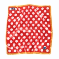 Detail of red satin square scarf with white polka dots, blue butterfly and floral prints - Red Base White Polka Dot Butterfly Rose / Red