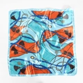Detail of silk-like scarf featuring orange and blue nautical rope and tassel patterns - Chain-Sky Blue