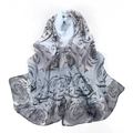 Detail view of light chiffon floral scarf with blue and grey rose pattern on white background - 150cmx50cm / Blue Gray Gradient Rose