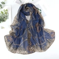Sciarpa in chiffon blu navy con stampa leopardata e catene dorate su sfondo bianco - 150*50cm / Blu Notte