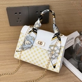 White and yellow floral pattern handbag with silk scarf handle and gold chain strap - White