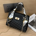 Black floral textured Kelly handbag with silk scarf handle and golden chain strap - Black