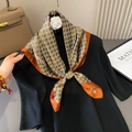 French style satin silk square scarf with vintage monogram and camellia pendant - Gold Trim Arc de Triomphe