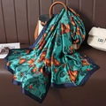 Elegant lake green silk scarf with orange ginkgo leaf print and blue wide border - Lake Blue (Ginkgo Leaf)