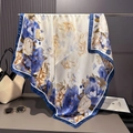 Detail view of large silk satin square scarf with floral pattern hanging on display - 90x90cm / Beige Blue Realistic Rose (SJ2611-6)