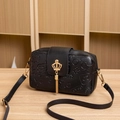 Fashionable black embossed crossbody bag for girls with crown gold metal hardware - Black
