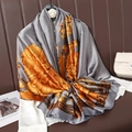 Elegant dark grey silk scarf with yellow floral pattern draped over white shirt - Dark Grey Peony Style (Style 2)