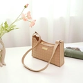 Elegant beige baguette shoulder bag with woven diamond pattern and gold buckle detail - Khaki