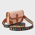 Pink quilted crossbody bag with brown trim and colorful LOVE letter wide shoulder strap - Pink