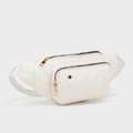 Stylish white quilted chest bag with golden zippers and headphone port for women - White