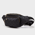 Classic black quilted fanny pack with gold zippers and adjustable strap for women - Black