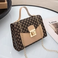 Vintage patterned crossbody bag with gold chain and beige leather accents - Coffee