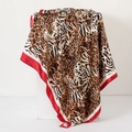 Brown leopard print satin square scarf with striking red and white contrasting borders - 90x90cm / Red White Border Leopard
