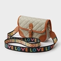 Gray quilted crossbody bag with brown trim and colorful LOVE letter fabric strap - Gray