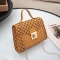 Ginger yellow printed handbag with floral pattern and golden metal chain strap - Brown