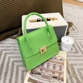 Detailed view of green croc-embossed mini bag with gold chain and turn-lock closure - 20*4*16 / Green